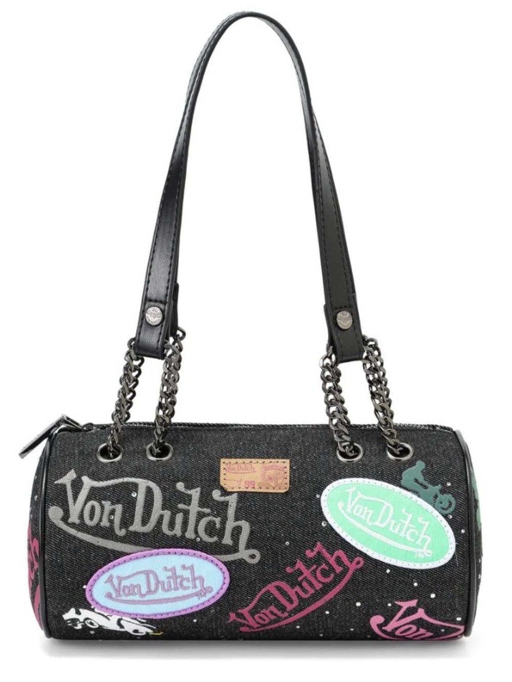Von Dutch Black Shoulder Bag with Multicolor Logo Patches